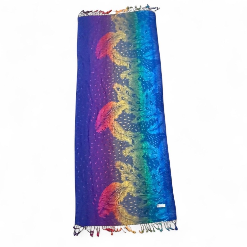 pashmina Blue and Green Feather Jacquard Wrap